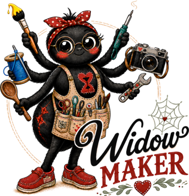 Widow Maker mascot — a smiling spider holding six craft tools